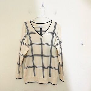Christopher & Banks Windowpane Grid V-Neck Long Sleeve Sweater L Black/White